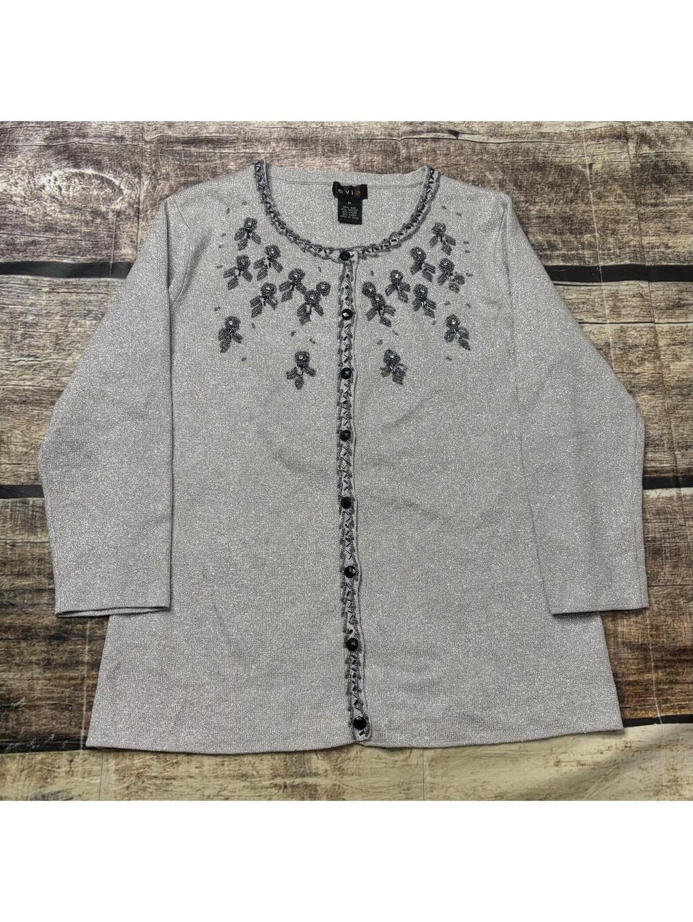Evie Cardigan Sweater Womens Medium Silk Blend Metallic Embellished